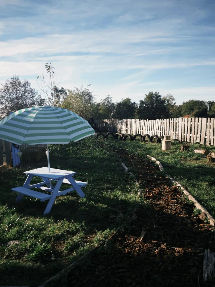 The garden with a picnic table and a planted bed